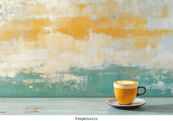 Coffee Cup on Rustic Wooden Table with Abstract Wall Background