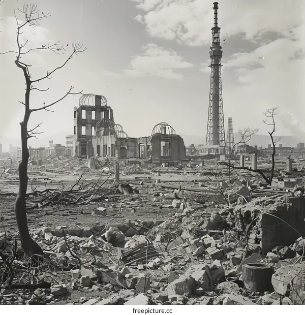 Post-war Hiroshima with skeletal remains of buildings