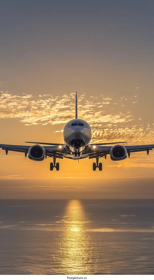 airplane flying over the ocean at sunset