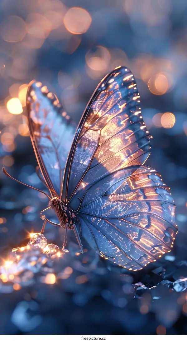 Blue and gold butterfly on a rock with blurred lights in the background