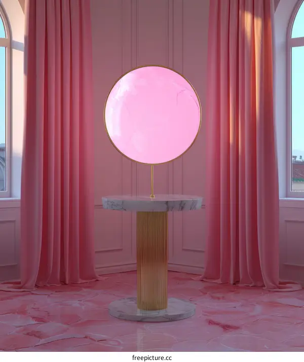 Pink room with a round mirror and a marble table
