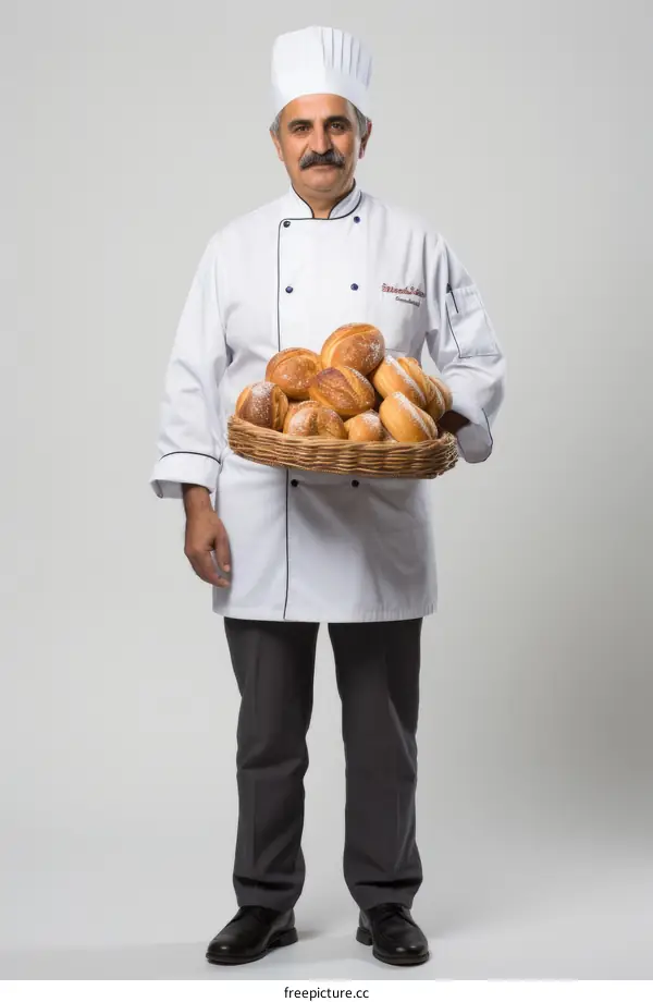 Smiling baker holding a basket full of bread