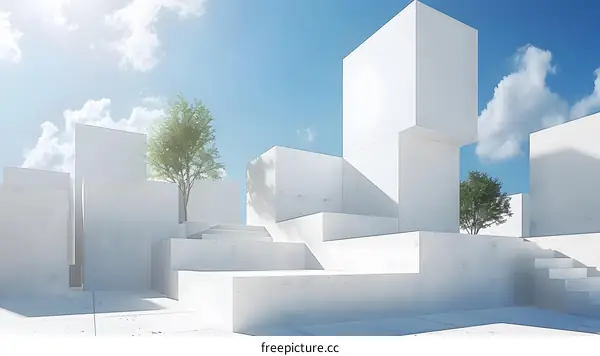 Minimalist White Architecture with Trees and Blue Sky