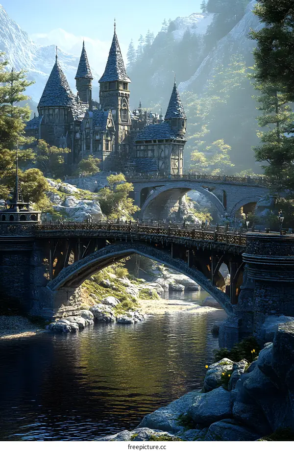 Stone Bridge Leading to a Fantasy Castle in a Forest