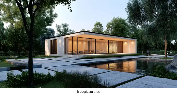 Modern Architecture House with Pool and Green Trees