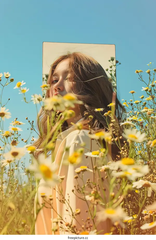 Woman in Field of Daisies Holding a Mirror