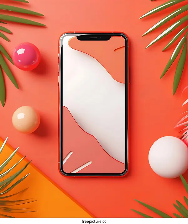 Red Smartphone Mockup with Palm Leaves and Balls