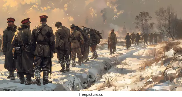 A group of soldiers marching through a snowy forest