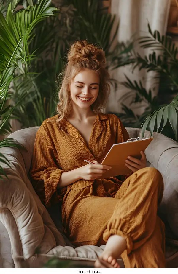 Smiling Woman Sitting in Chair and Writing on Clipboard