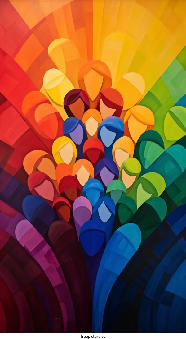 A painting of people of various ethnicities coming together