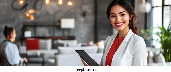 Smiling Businesswoman Holding Tablet in Modern Office
