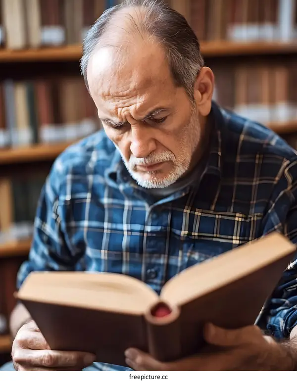Senior Man Reading a Book in a Library
