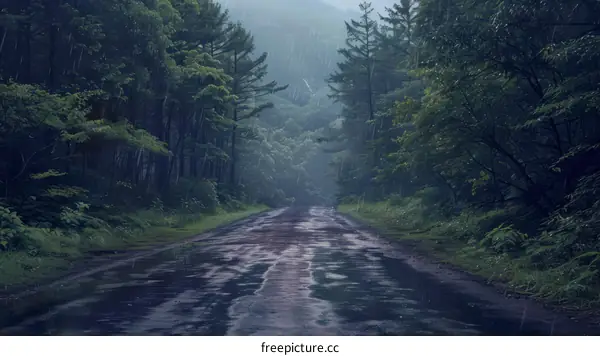 Country road through a dark and rainy forest