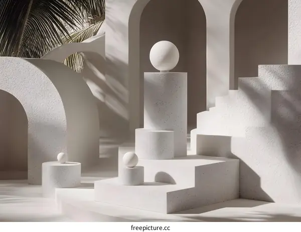 White Abstract Minimalist 3D Rendered Scene With Geometric Shapes and Palm Tree Shadows