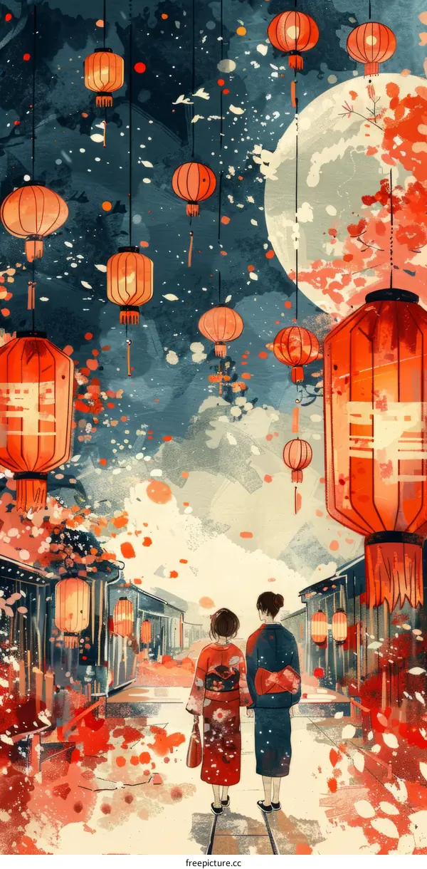 A Japanese Couple Walking in a Traditional Town at Night