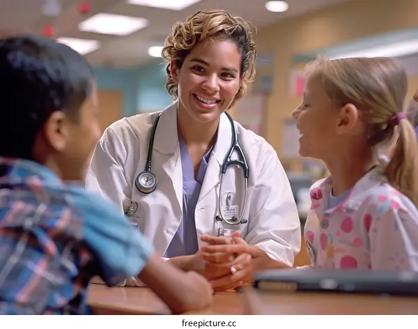 Pediatrician talking to two children in a hospital
