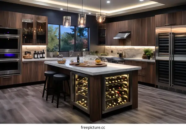 Modern Kitchen Design With Dark Wood Cabinets And Marble Countertops