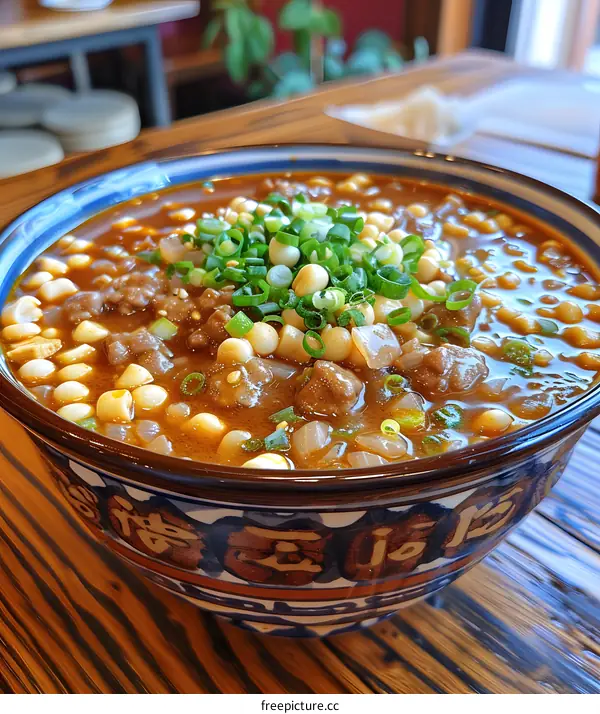 A bowl of Lanzhou beef noodles with green onions.
