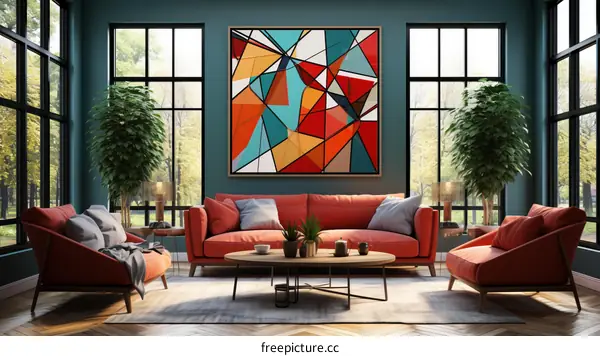 abstract painting with geometric shapes in a stylish living room