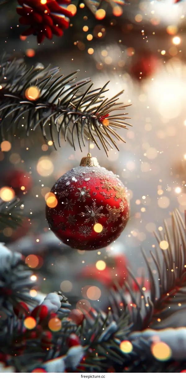 Red Christmas Ornament Hanging on a Pine Branch