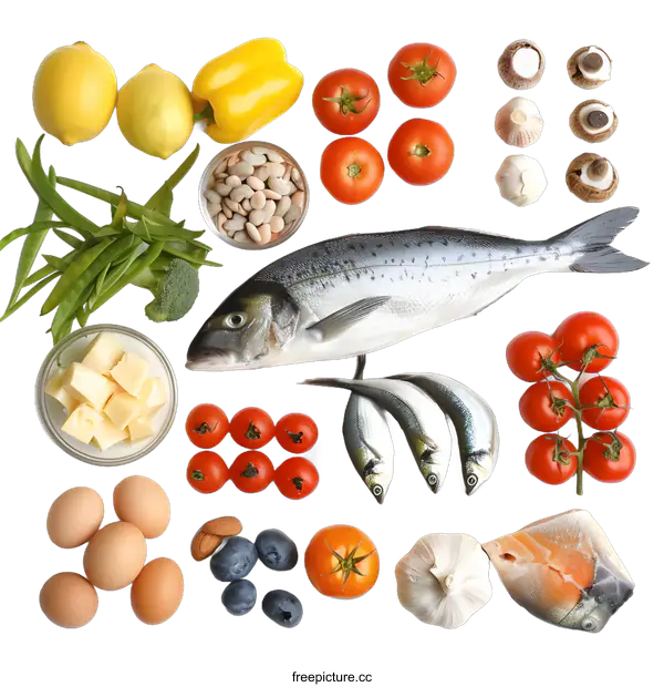 [Transparent Background PNG]Healthy Food Ingredients Layout with Fish, Vegetables and Eggs