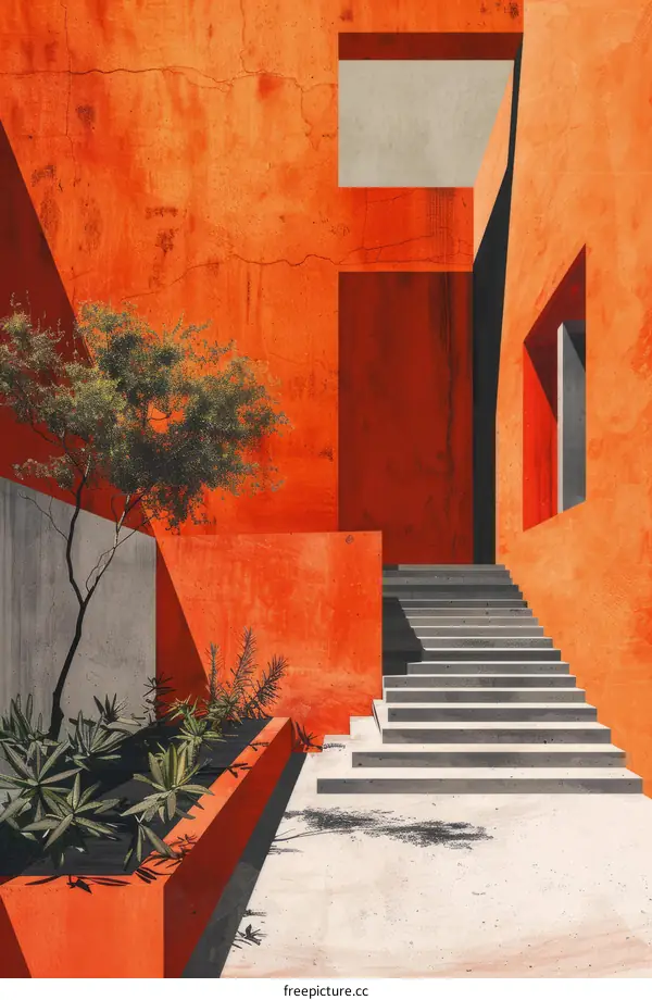 Modern Red Wall Building with Geometric Stairs