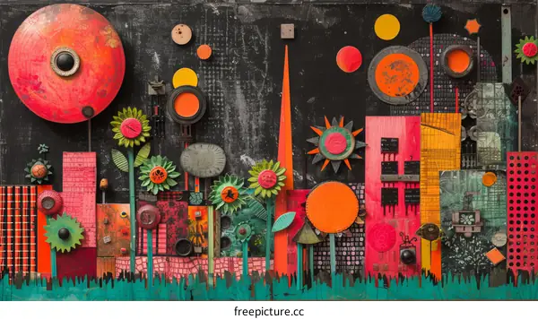 A colorful abstract artwork made of recycled materials