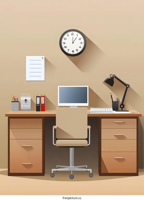 Simple Office Desk Workspace Illustration with Computer Monitor and Chair