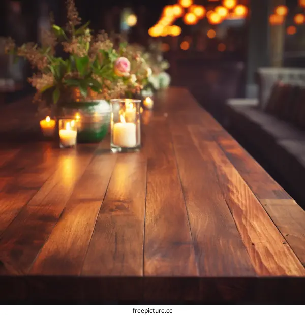 Rustic wooden table decorated with flowers and candles