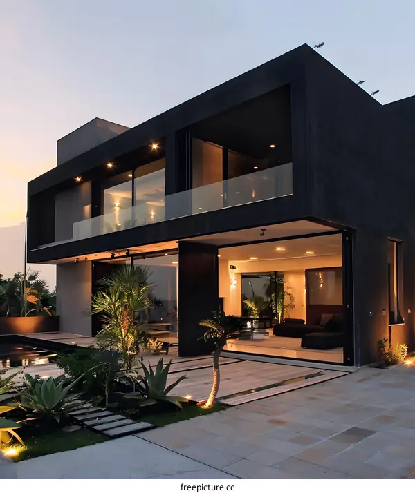 Modern Black House with Large Windows and Patio