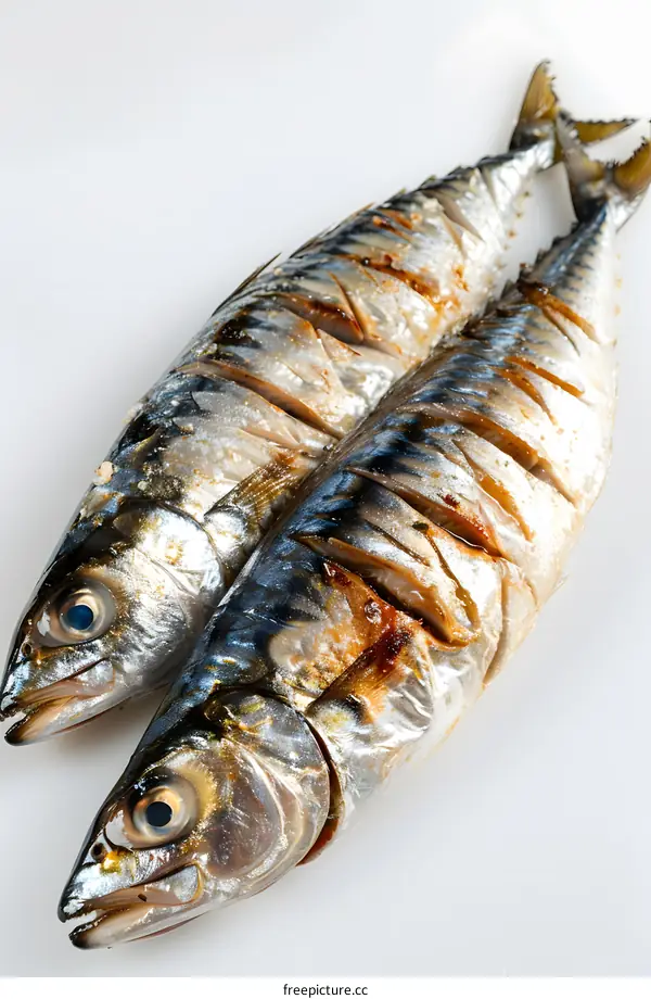 Two grilled mackerels on a white background
