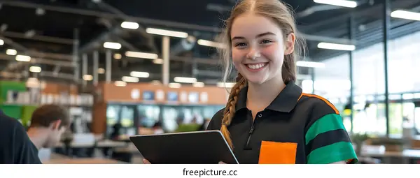 Smiling Young Woman Holding Tablet in Office Setting