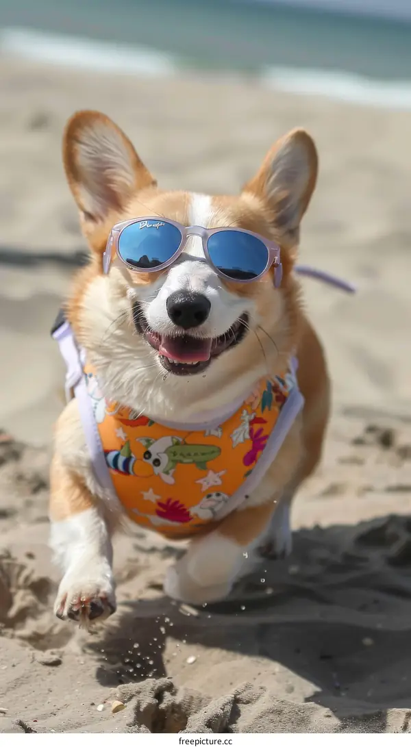A happy corgi wearing sunglasses is running on the beach