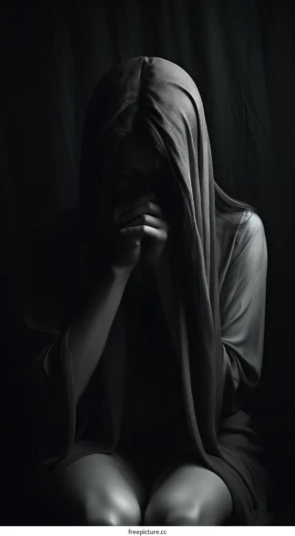A woman in a dark veil is praying.