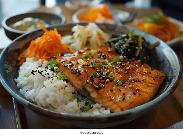 A delicious and healthy meal of salmon, rice, and vegetables