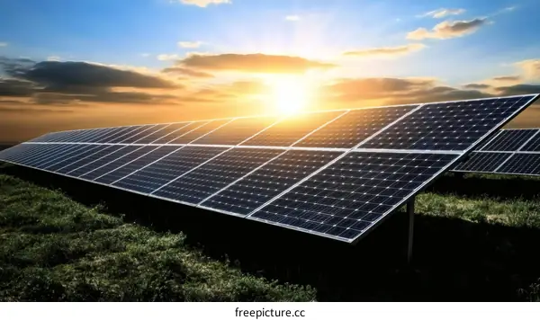Solar Panels Array at Sunset Landscape