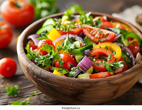 Fresh Colorful Salad in Wooden Bowl on Rustic Table
