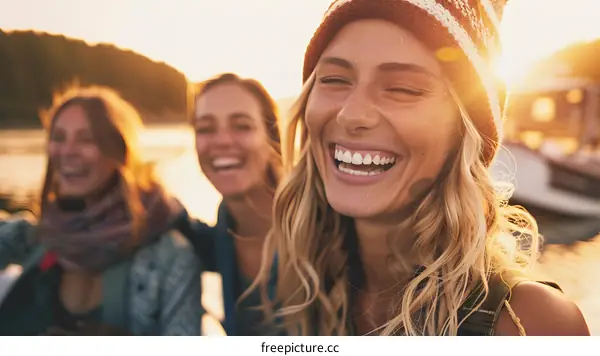 Three Friends Laugh Together During Sunset