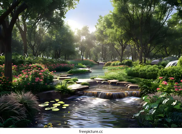 A beautiful park with a river running through it