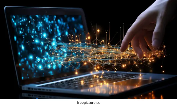 A hand touching a laptop screen with a network of connections