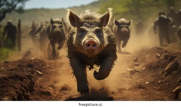 A group of wild pigs running in the African savanna
