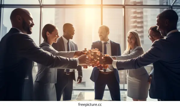 Multiethnic business team holding puzzle pieces to complete the puzzle