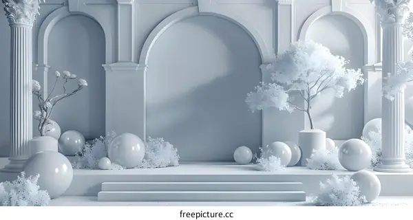 White Minimalist Geometric Cylindrical Arch Flowers Steps Background