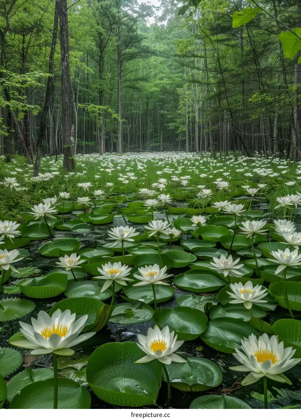 White water lilies in a lush green forest