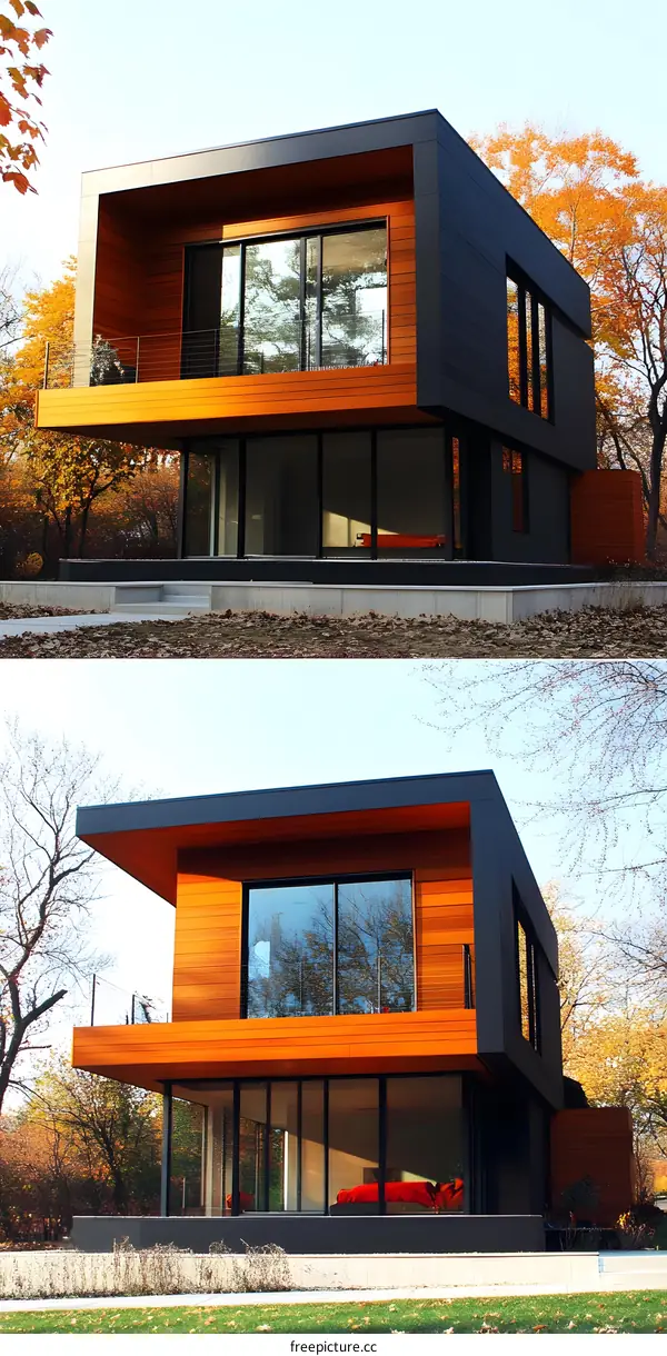 Modern House with Wooden Siding and Large Windows