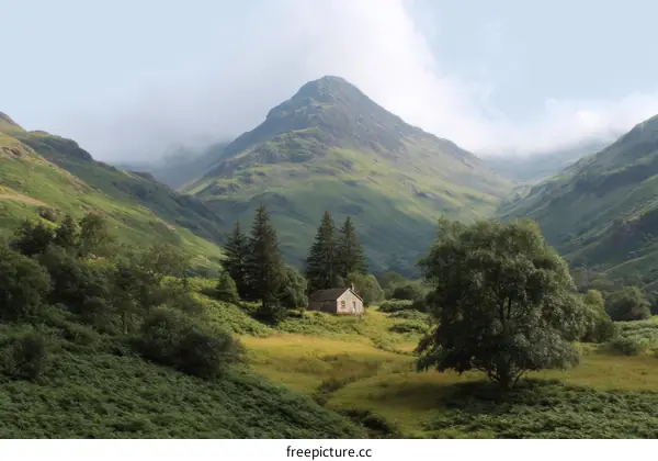 Mountain Valley Landscape with Small Cottage
