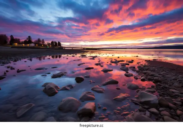 Vibrant Sunset Over Calm Sea and Rocky Shore
