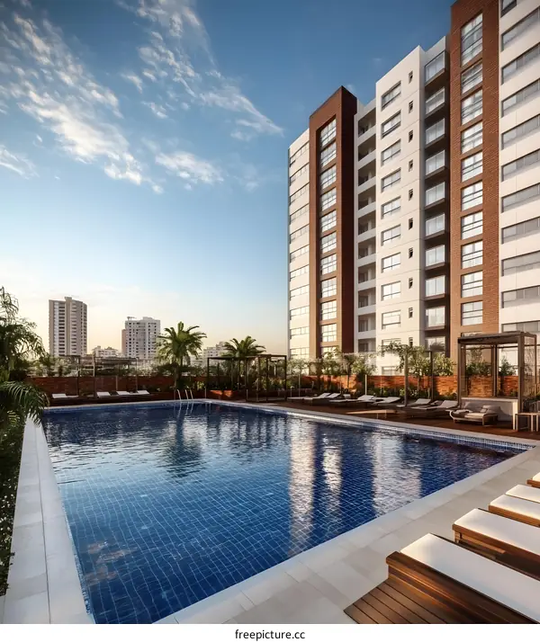 Modern Building with Swimming Pool and Loungers