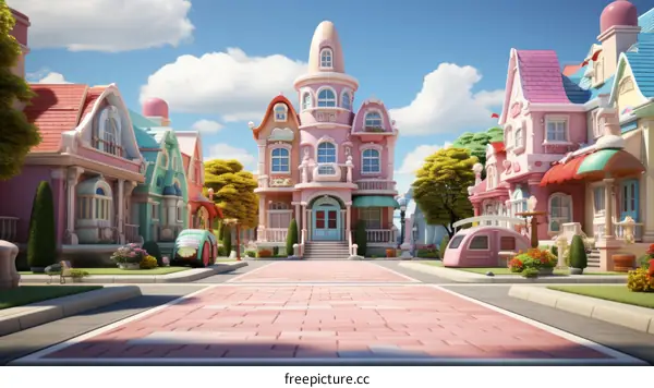 A cute cartoon neighborhood with pastel colored houses and a pink street