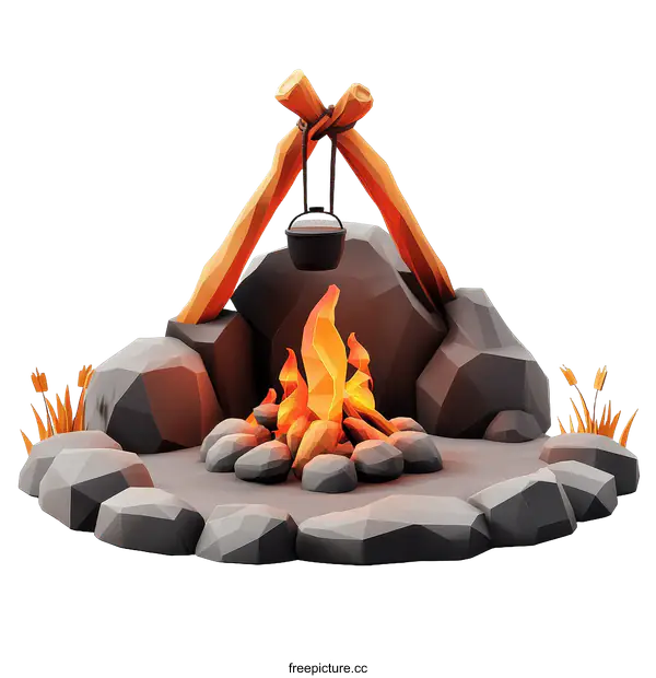 [Transparent Background PNG]Campfire Illustration with Low Poly Style